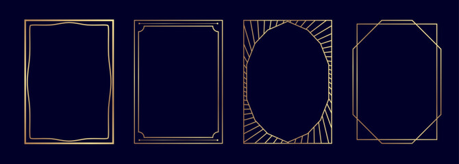 Art deco style luxury design border frames set. Elegant gold lines pattern vector templates for gala, grand opening, wedding invitation, antique vip card