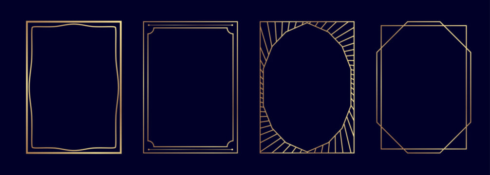 Art deco style luxury design border frames set. Elegant gold lines pattern vector templates for gala, grand opening, wedding invitation, antique vip card