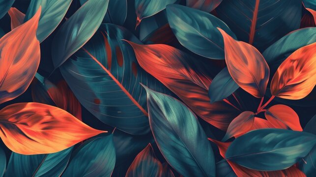 A detailed view of a group of leaves with intricate patterns and textures