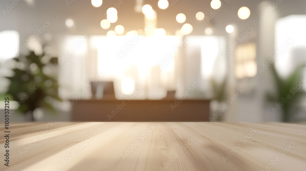 Poster Abstract light bokeh in office interior background for design, Blurred empty open space office, for background