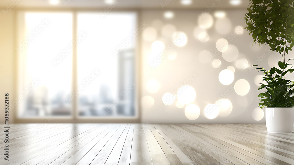 Poster Abstract light bokeh in office interior background for design, Blurred empty open space office, for background