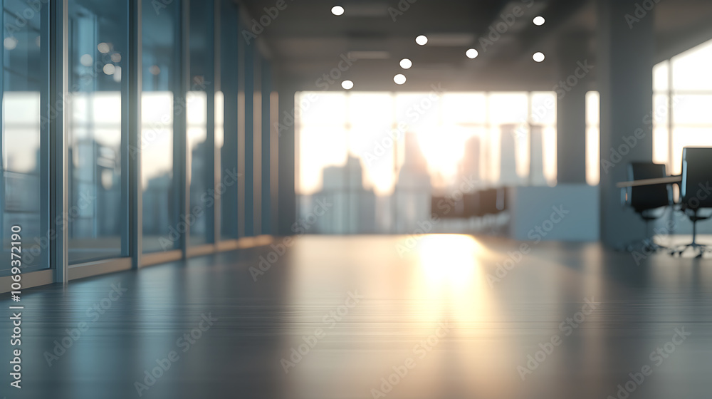 Poster abstract light bokeh in office interior background for design, blurred empty open space office, for 
