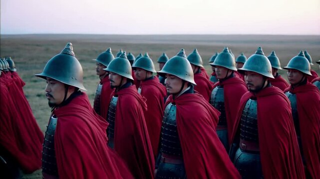 A group of soldiers in full battle gear stand in a line. The soldiers are all wearing helmets and red cloaks. The soldiers are lined up in a row, with some of them standing closer together than others