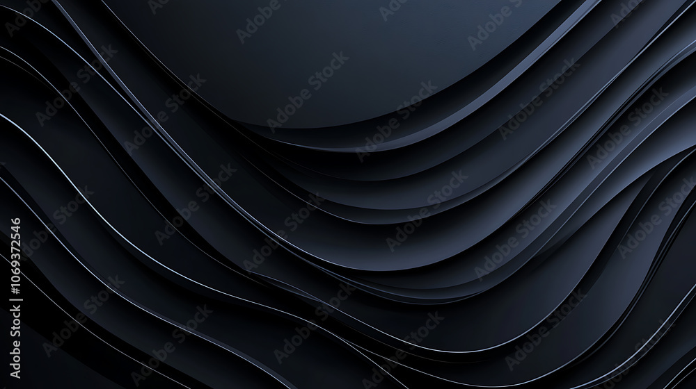 Poster black abstract background design, modern wavy line pattern (guilloche curves) in monochrome colors, 