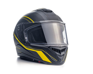 Fototapeta premium Black motorcycle helmet isolated on white background.