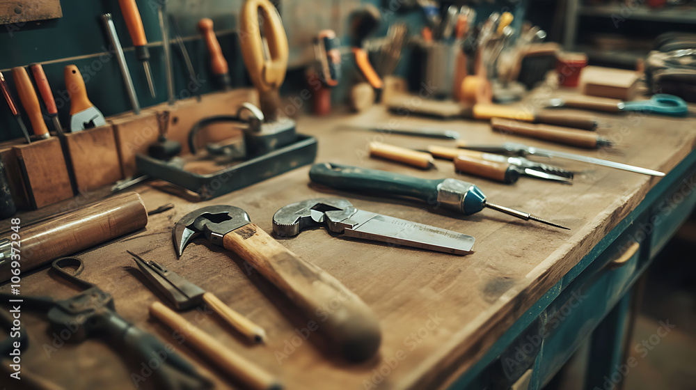 Poster diy workshop table with tools for crafting and woodworking