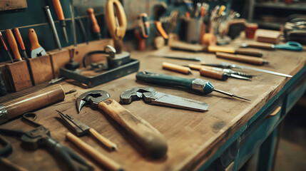 Fototapeta premium DIY workshop table with tools for crafting and woodworking