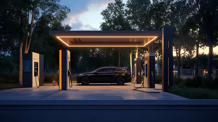 EV charging, Electric vehicle charging station representing environmentally friendly energy and sustainable power sourced to supply the station, with the goal of decreasing CO2 emissions