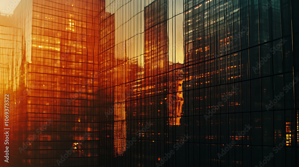 Poster exterior of a high-rise office building, modern architecture with an abstract background