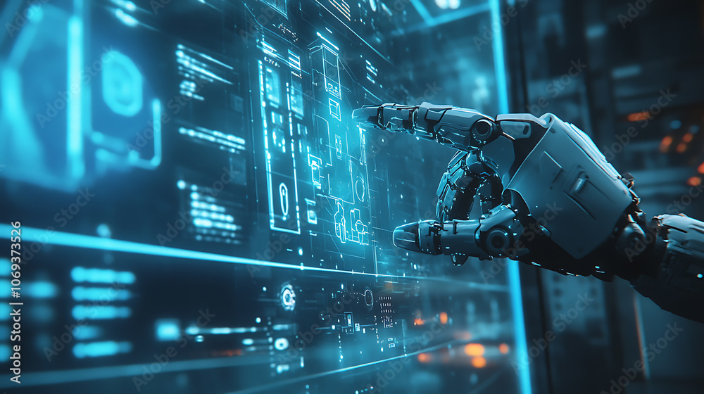 Aufkleber Hand of robot using over the interface virtual screen to check status and control automation robotics arms machine in intelligent factory industrial with icon flow and data exchange in manufacturing