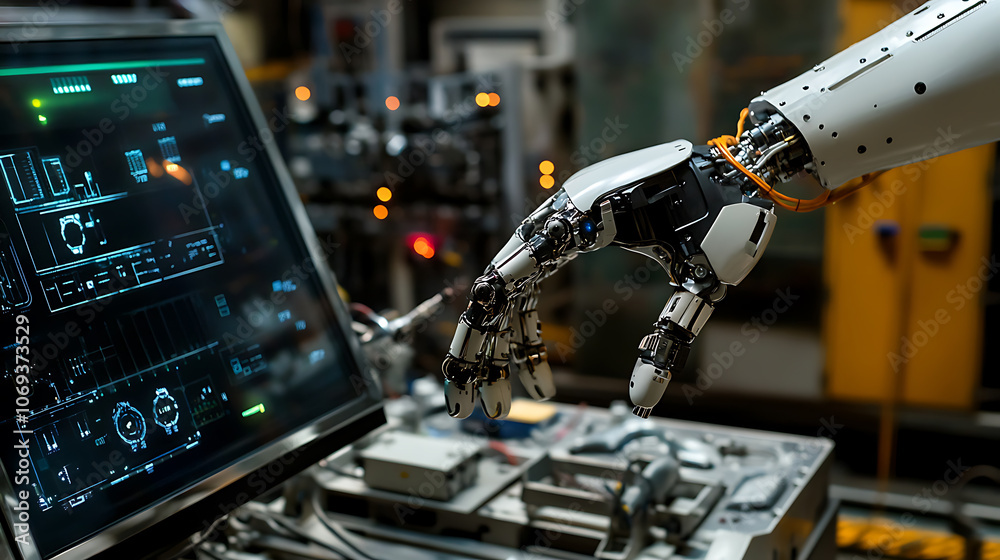 Poster Hand of robot using over the interface virtual screen to check status and control automation robotics arms machine in intelligent factory industrial with icon flow and data exchange in manufacturing