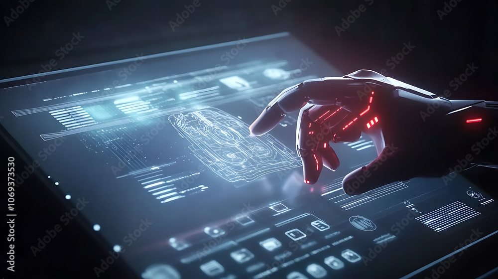 Aufkleber Hand of robot using over the interface virtual screen to check status and control automation robotics arms machine in intelligent factory industrial with icon flow and data exchange in manufacturing