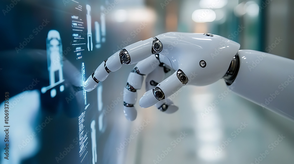 Aufkleber Hand of robot using over the interface virtual screen to check status and control automation robotics arms machine in intelligent factory industrial with icon flow and data exchange in manufacturing