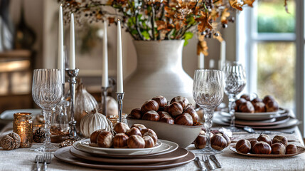 A festive holiday table setting featuring chestnut dishes and autumn decor.