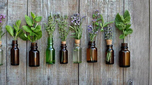 A row of essential oil bottles with fresh herbs and flowers on a rustic wooden background