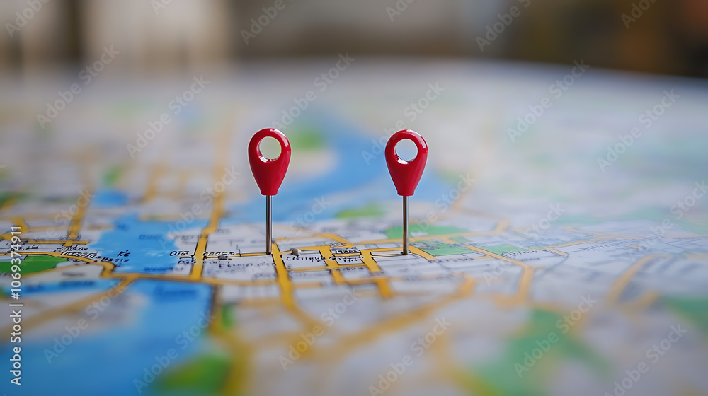 Aufkleber A digital map displaying a location with two pins set, representing AI technology in GPS, innovation in delivery services, and map location for future transport logistics