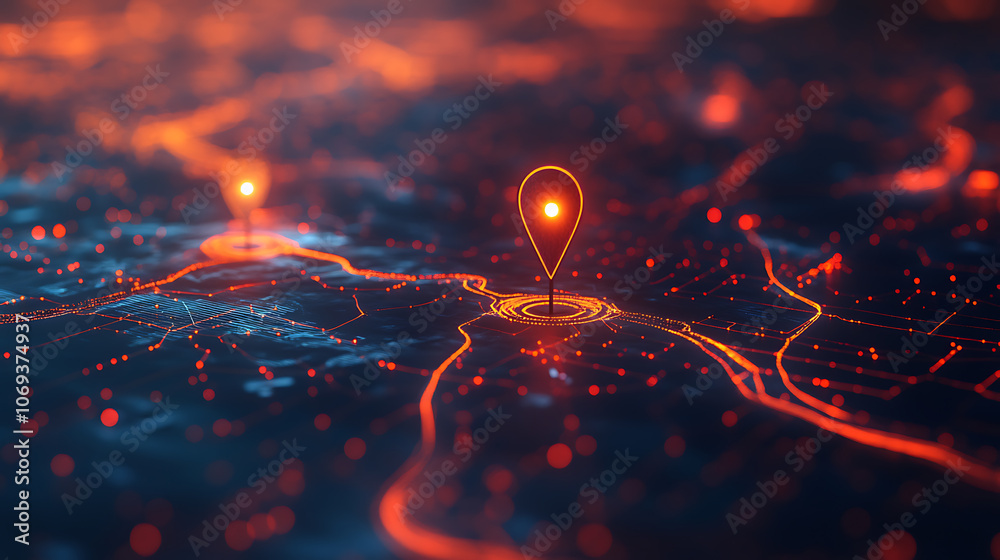 Fototapete A digital map displaying a location with two pins set, representing AI technology in GPS, innovation in delivery services, and map location for future transport logistics