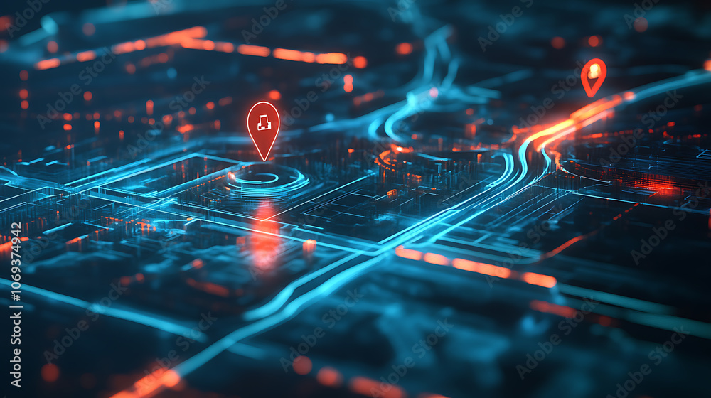 Poster A digital map displaying a location with two pins set, representing AI technology in GPS, innovation in delivery services, and map location for future transport logistics