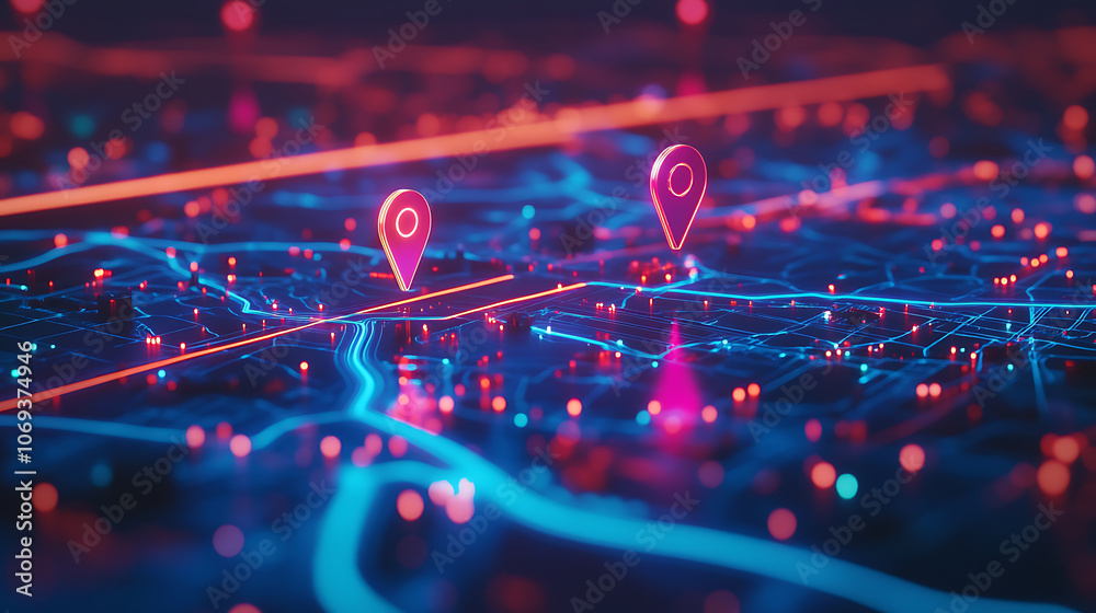 Poster A digital map displaying a location with two pins set, representing AI technology in GPS, innovation in delivery services, and map location for future transport logistics
