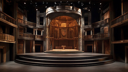 A dramatic theater stage set for a modern adaptation of a Shakespeare play
