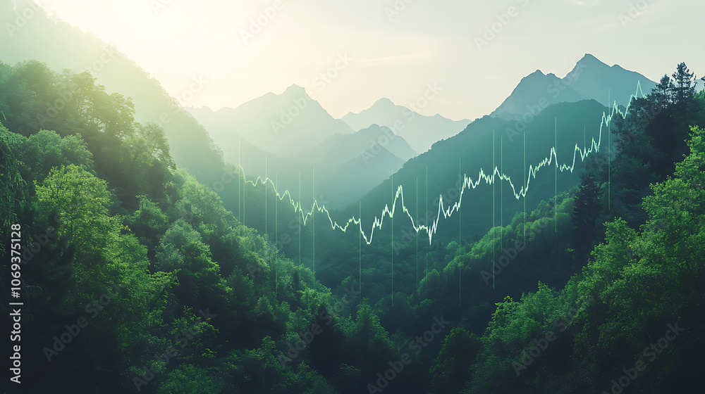 Poster a graphical representation of a rising stock market trend line superimposed on a serene natural back