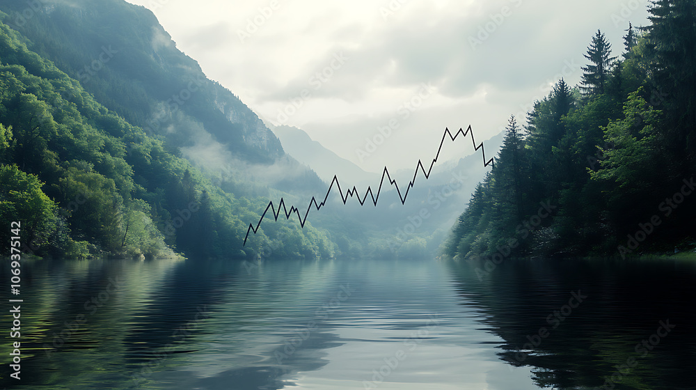 Poster a graphical representation of a rising stock market trend line superimposed on a serene natural back