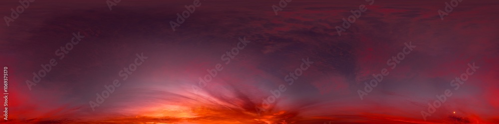 Wall mural sunset sky panorama with red burning clouds. seamless hdr 360 pano in spherical equirectangular form