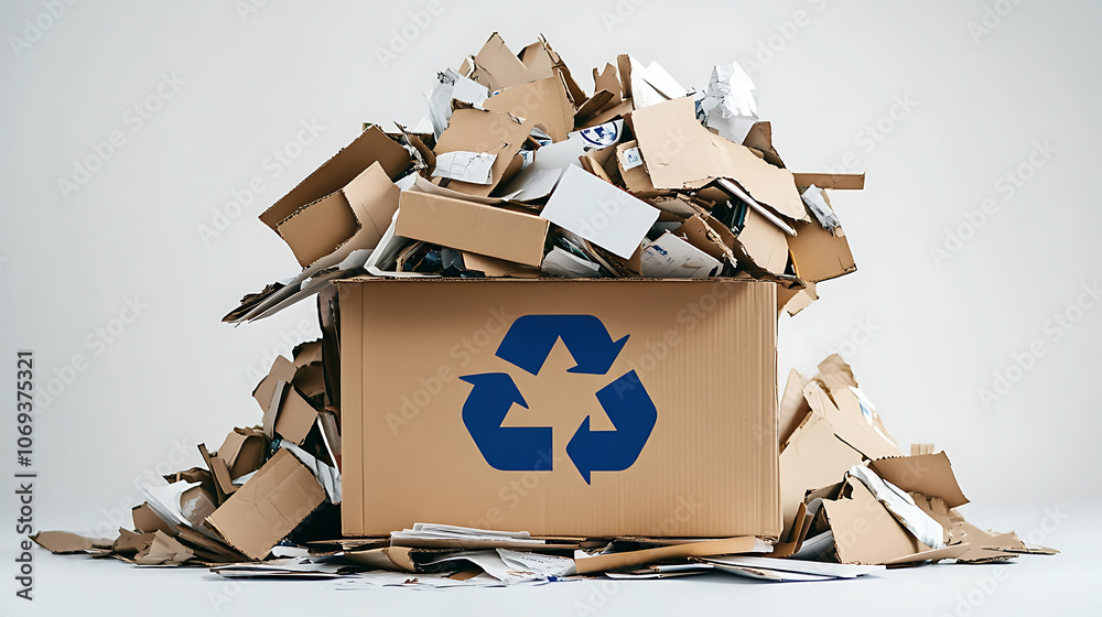Poster a pile of assorted paper and cardboard materials marked with the universal recycling symbol, set aga