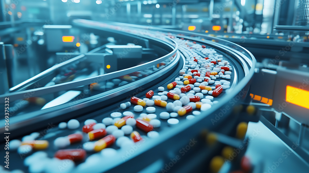 Poster a modern pharmaceutical industry factory with a high-tech conveyor system efficiently processing and