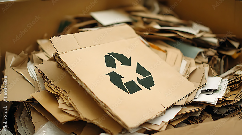Aufkleber a pile of assorted paper and cardboard materials marked with the universal recycling symbol, set aga