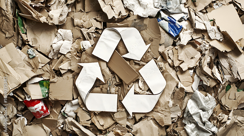 Poster a pile of assorted paper and cardboard materials marked with the universal recycling symbol, set aga