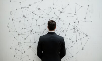 Businessman analyzing data networks on a wall for innovative insights