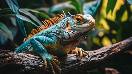 Fototapeta premium Close-up of green iguana basking under warm sunlight. National Reptile Day celebration. Reptiles’ unique beauty