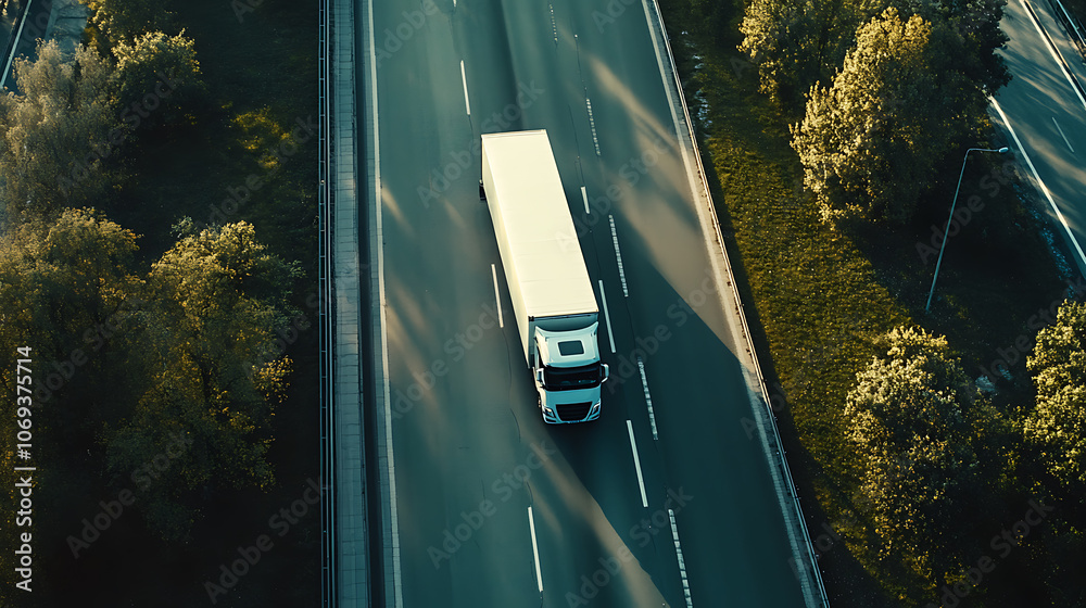 Poster Aerial view of autonomous truck driving on autopilot on a highway with traffic sensors scanning surroundings, Cargo delivery, transportation of the future, Artificial intelligence, Self driving