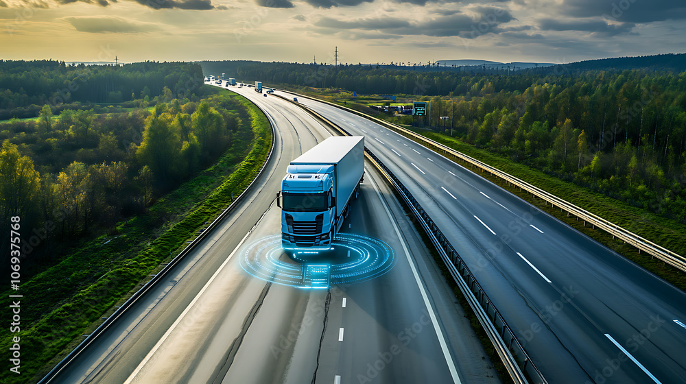 Poster Aerial view of autonomous truck driving on autopilot on a highway with traffic sensors scanning surroundings, Cargo delivery, transportation of the future, Artificial intelligence, Self driving