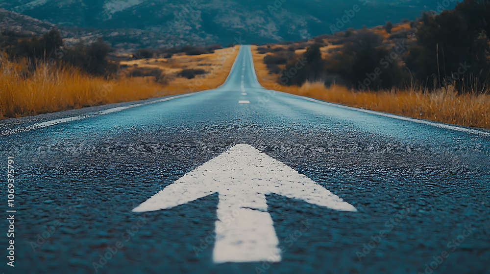 Aufkleber an asphalt road stretches into the distance with a painted white arrow pointing forward, symbolizing