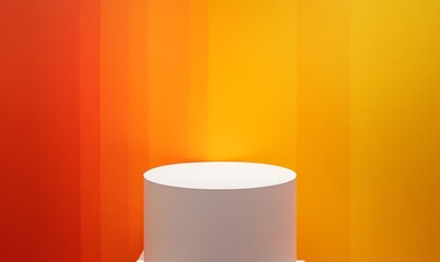 A white pedestal is featured at the center, contrasting against a vibrant orange and yellow gradient backdrop, creating a striking visual effect