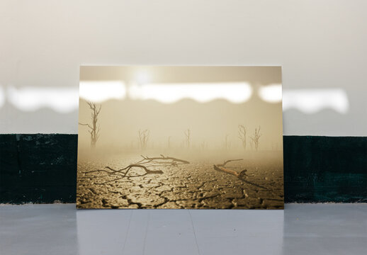Blank Design Template Displayed horizontal Against a white and green Textured Wall for Creative Projects. Front view.