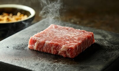 A piece of raw meat from Asian BBQ, possibly Wagyu beef, is placed on top of a cutting board with copy space. Traditional Chinese, Japanese, or Korean cooking preparation