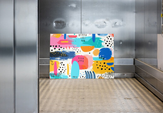 A Blank White Canvas Resting in the Center of a Modern Industrial Elevator. Front view. Costumizable PSD mockup