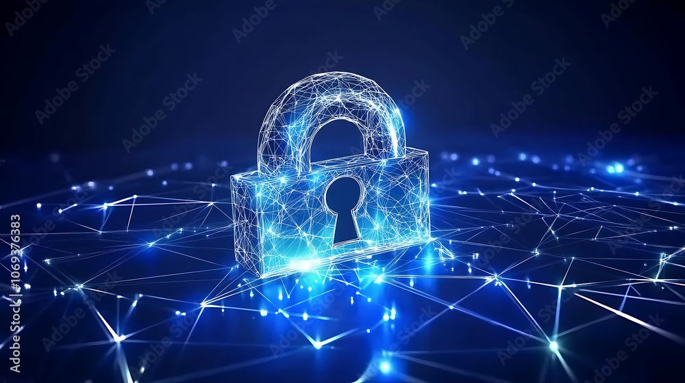 Poster cyber security concept, lock symbol from lines and triangles, point connecting network on blue backg