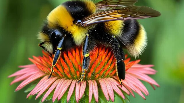 A bumblebee collects pollen from a pink flower in a garden