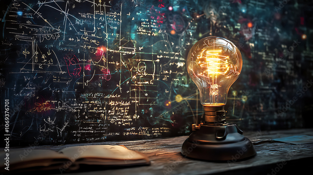 Poster glowing lamp as a symbol of scientific thought against the background of physical and mathematical f
