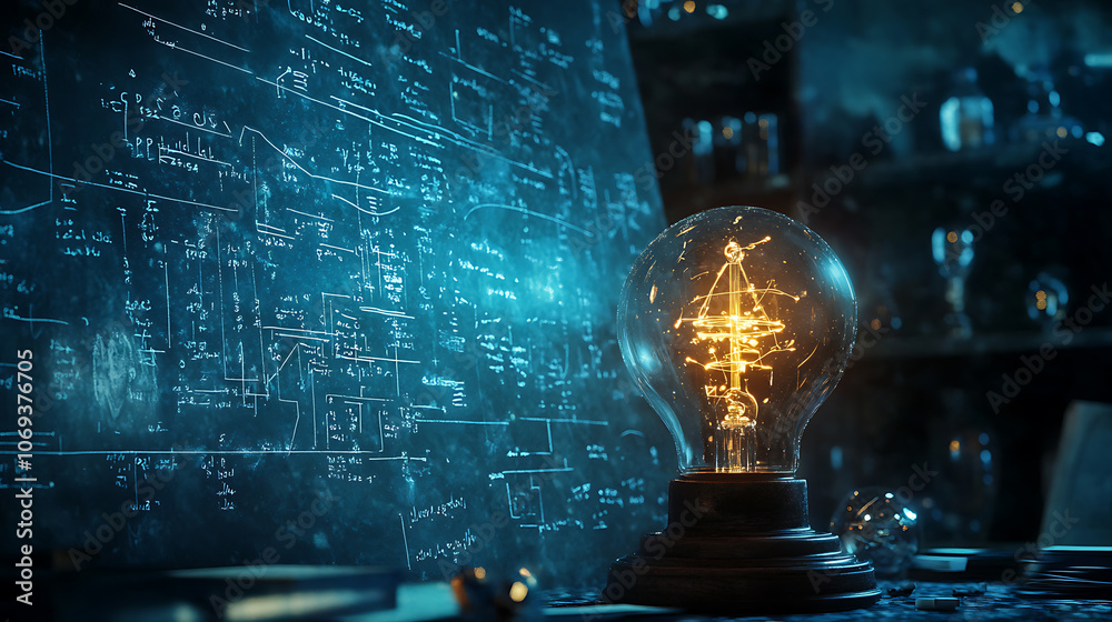 Poster Glowing lamp as a symbol of scientific thought against the background of physical and mathematical formulas, Science and education background
