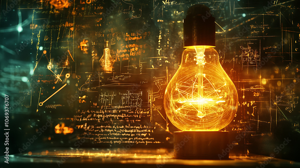 Aufkleber glowing lamp as a symbol of scientific thought against the background of physical and mathematical f