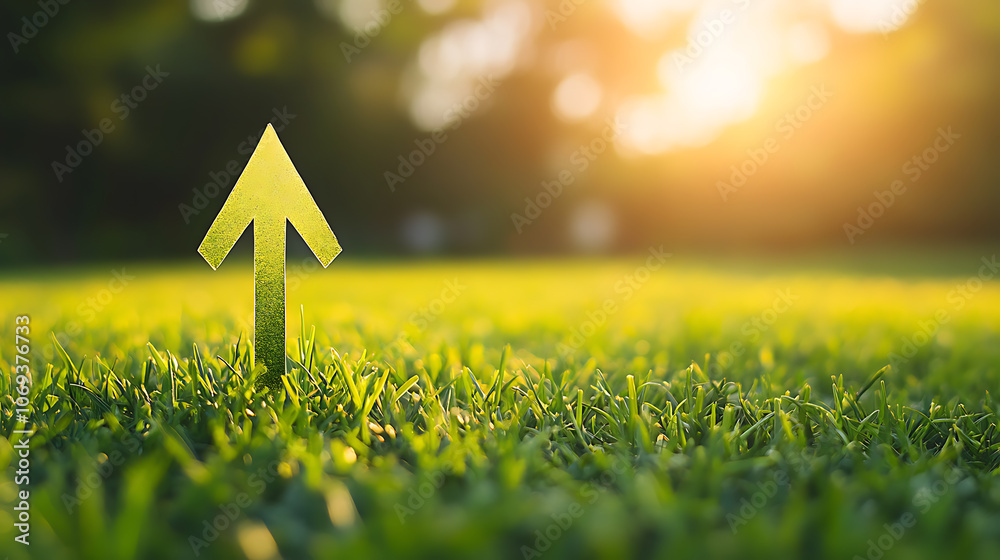 Poster green grass field with a large, symbolic arrow pointing upwards and forwards, representing sustainab
