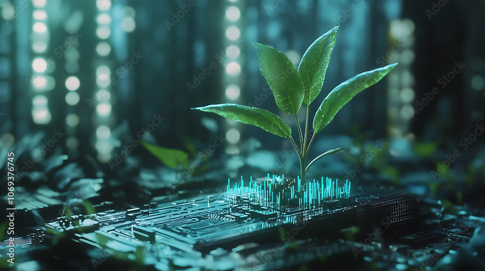 Aufkleber idea of digital evolution or technological growth, represented by a seedling sprouting from a circui