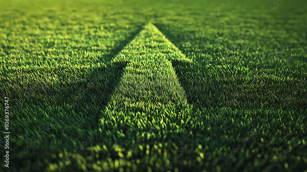 Poster green grass field with a large, symbolic arrow pointing upwards and forwards, representing sustainab