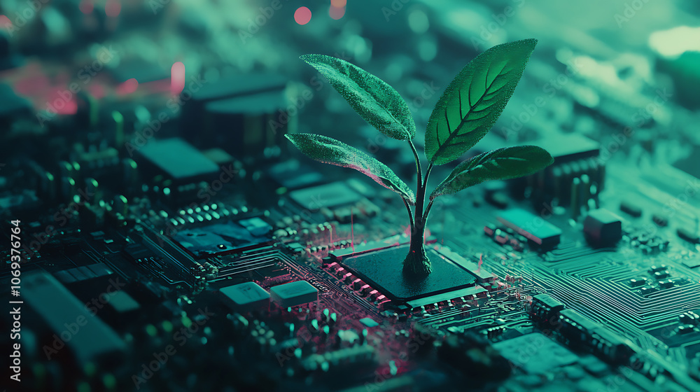 Leinwandbilder Idea of digital evolution or technological growth, represented by a seedling sprouting from a circuit board, symbolizing the intersection of nature and technology