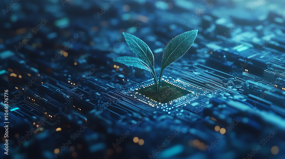 Aufkleber Idea of digital evolution or technological growth, represented by a seedling sprouting from a circuit board, symbolizing the intersection of nature and technology
